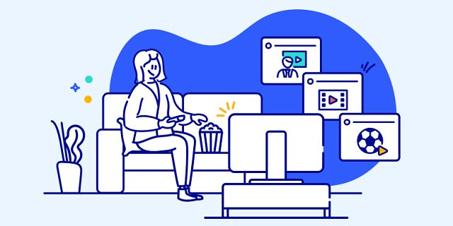 Cartoon character watching television with multiple pop ups