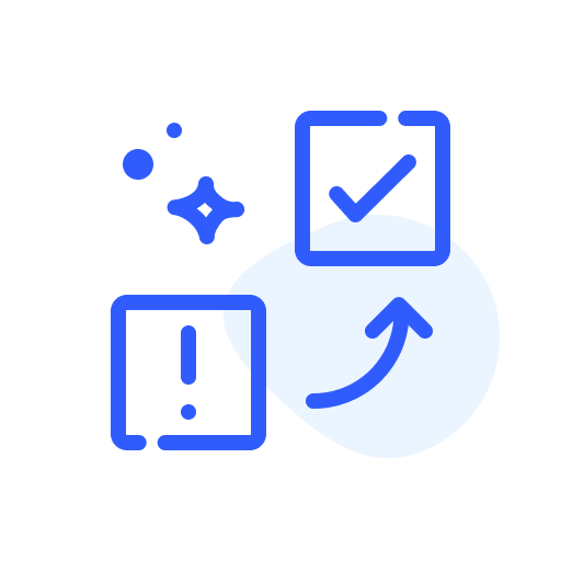 Illustration of an exclamation point in a box with an arrow pointing to a checkmark in a box