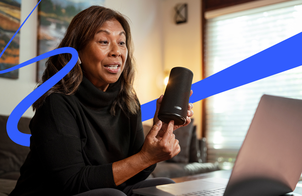Woman giving feedback on speaker