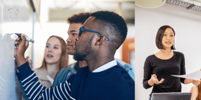 Photo of a team in a working session with 3 people at a whiteboard while one person is speaking to the group