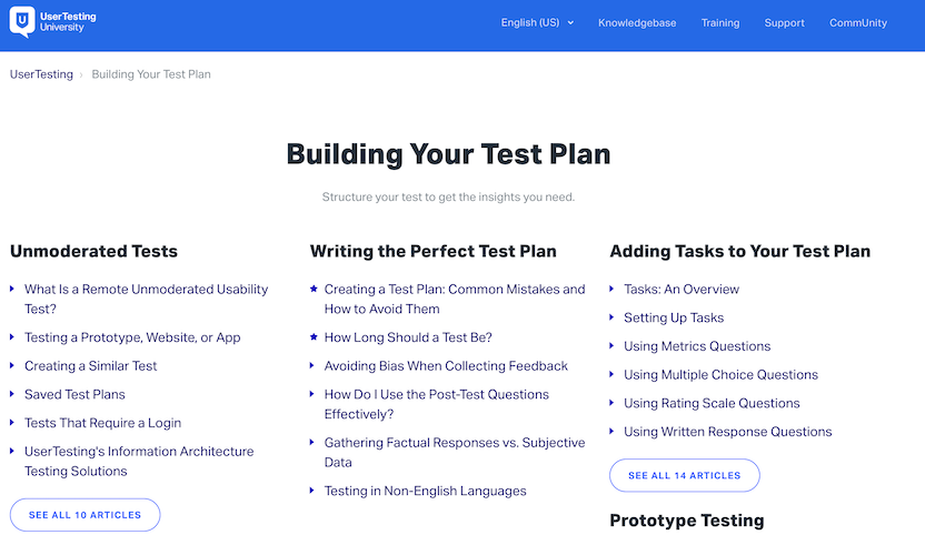 Screenshot of UserTesting's Knowledgebase