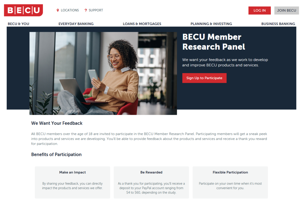 Screenshot of BECU's web page for its member research panel