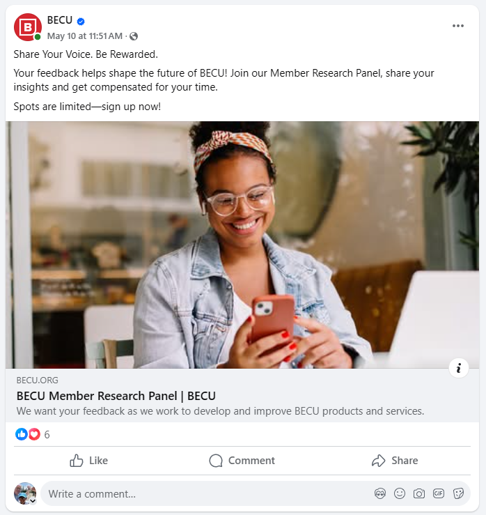 Screenshot of a member panel recruitment post on the BECU Facebook page
