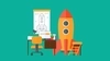 Illustration of a rocketship and a desk