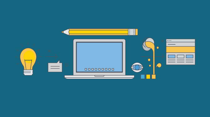 Illustration of a laptop, pencil, headphones, and a lightbulb illustrating ux design