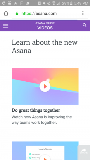 "Asana Guide: Videos. Learn about the new Asana." Several videos to view.