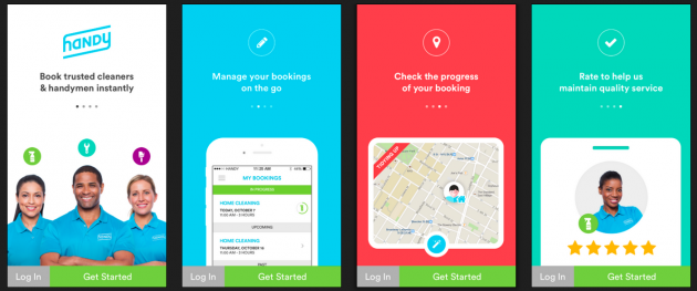 Handy app: 4 coach screens. 1. Book trusted cleaners and handymen instantly. 2. Manage your bookings on the go. 3. Check the progress of your booking. 4. Rate to help us maintain quality service.