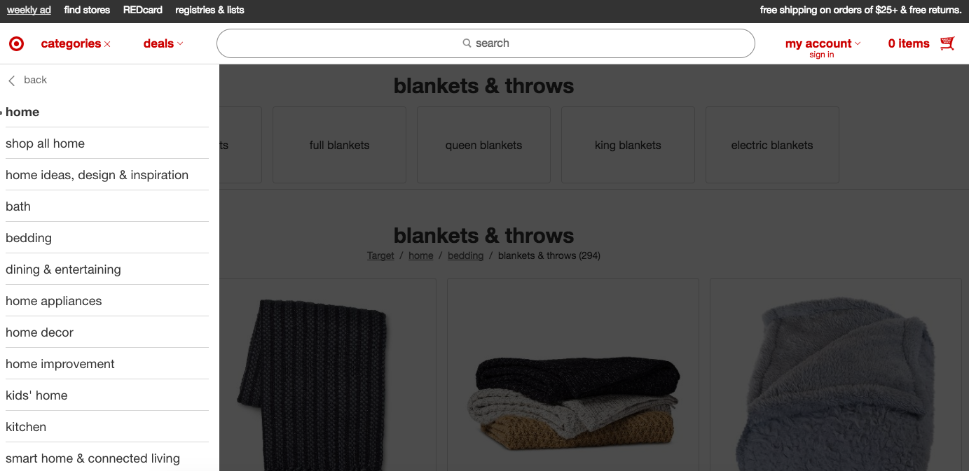 Screenshot of blankets in the Home category of Target.com