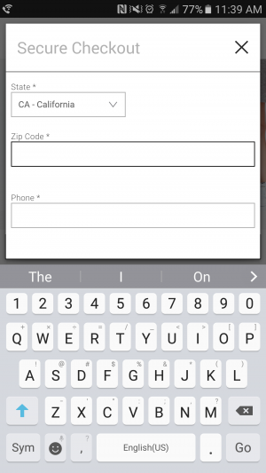 Screenshot of Zip Code field in a form with the alphabetical keypad