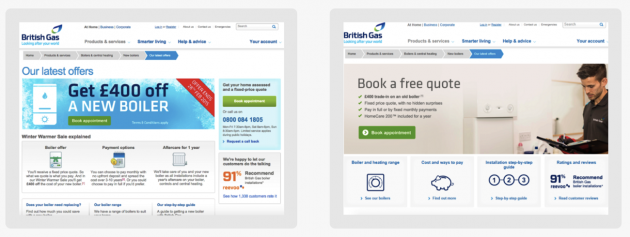 Left: "Get 400 off a new boiler." Right: "Book a free quote."